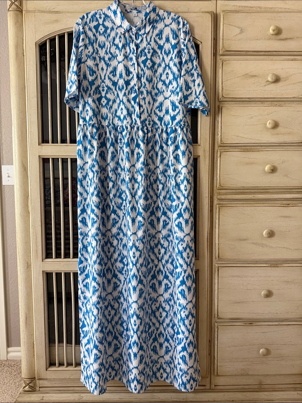 Blue and White Ikat Maxi Shirt Dress
